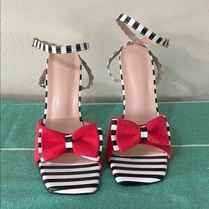 Black and White Striped Heels with Red Bow